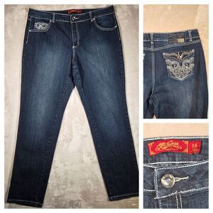 One 5 One 151 Dark Wash Rhinestone Flap Pocket Jeans Size 14 Mid Rise Slim